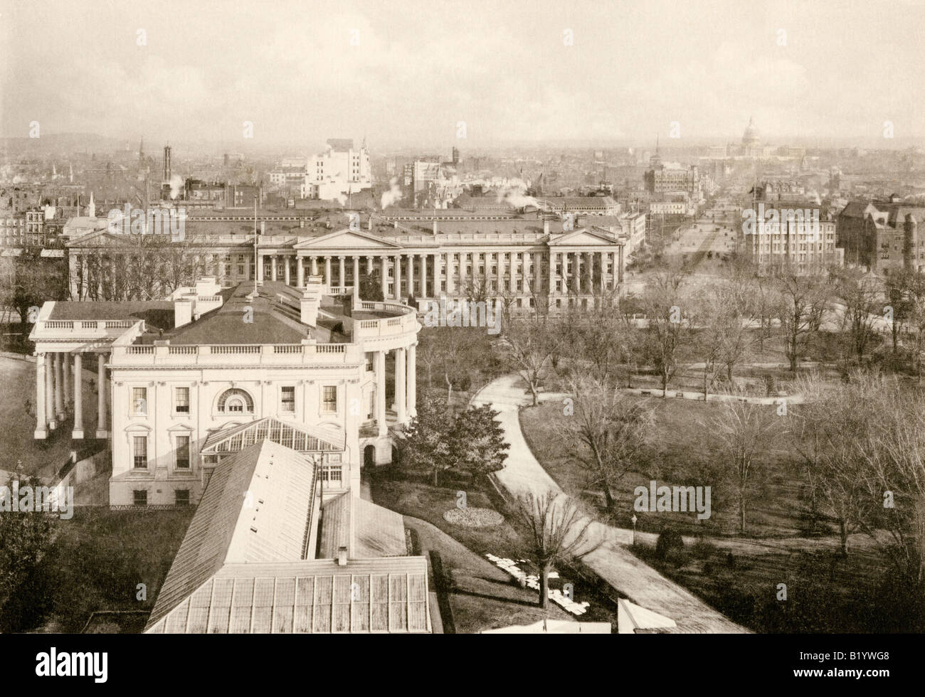 Das Weiße Haus und das Treasury Building in Washington DC 1890. Albertype (Foto) Stockfoto