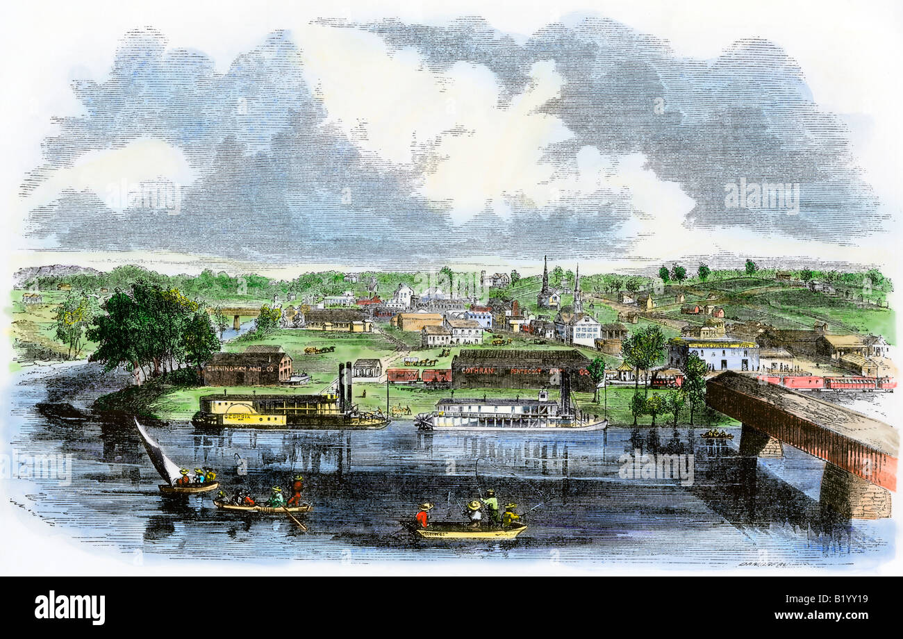 Stadt Rom Georgia am Coosa River 1850. Hand - farbige Holzschnitt Stockfoto