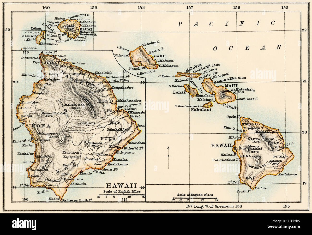 Karte der hawaiischen Inseln 1870. Farblithographie Stockfoto