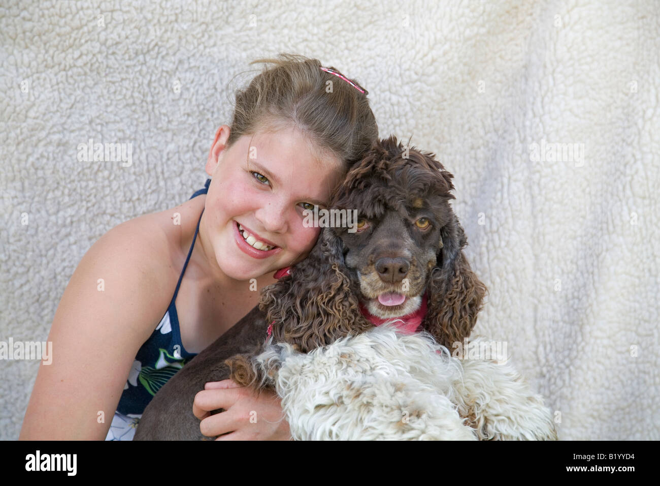 Ein 13 Jahre altes Mädchen mit ihrem braunen und weißen American Cocker Spaniel Hund Stockfoto