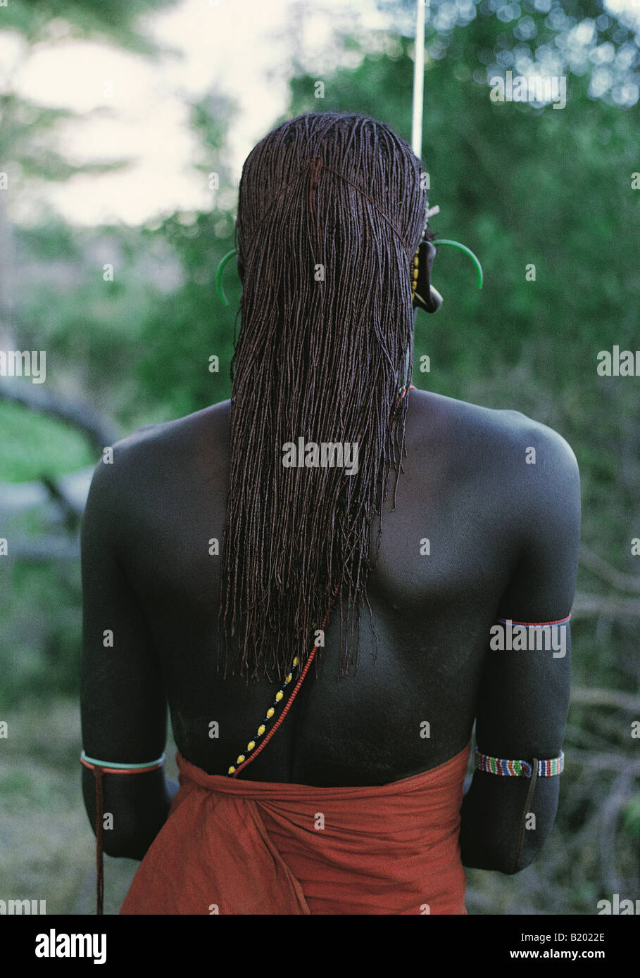 Rückansicht des Samburu Krieger Moran Haar verlängert mit String Samburu National Reserve Kenia in Ostafrika Stockfoto