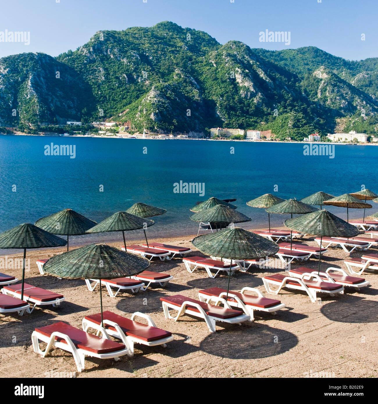 Blick auf den Strand in Icmeler Marmaris Mugla Türkei Stockfoto