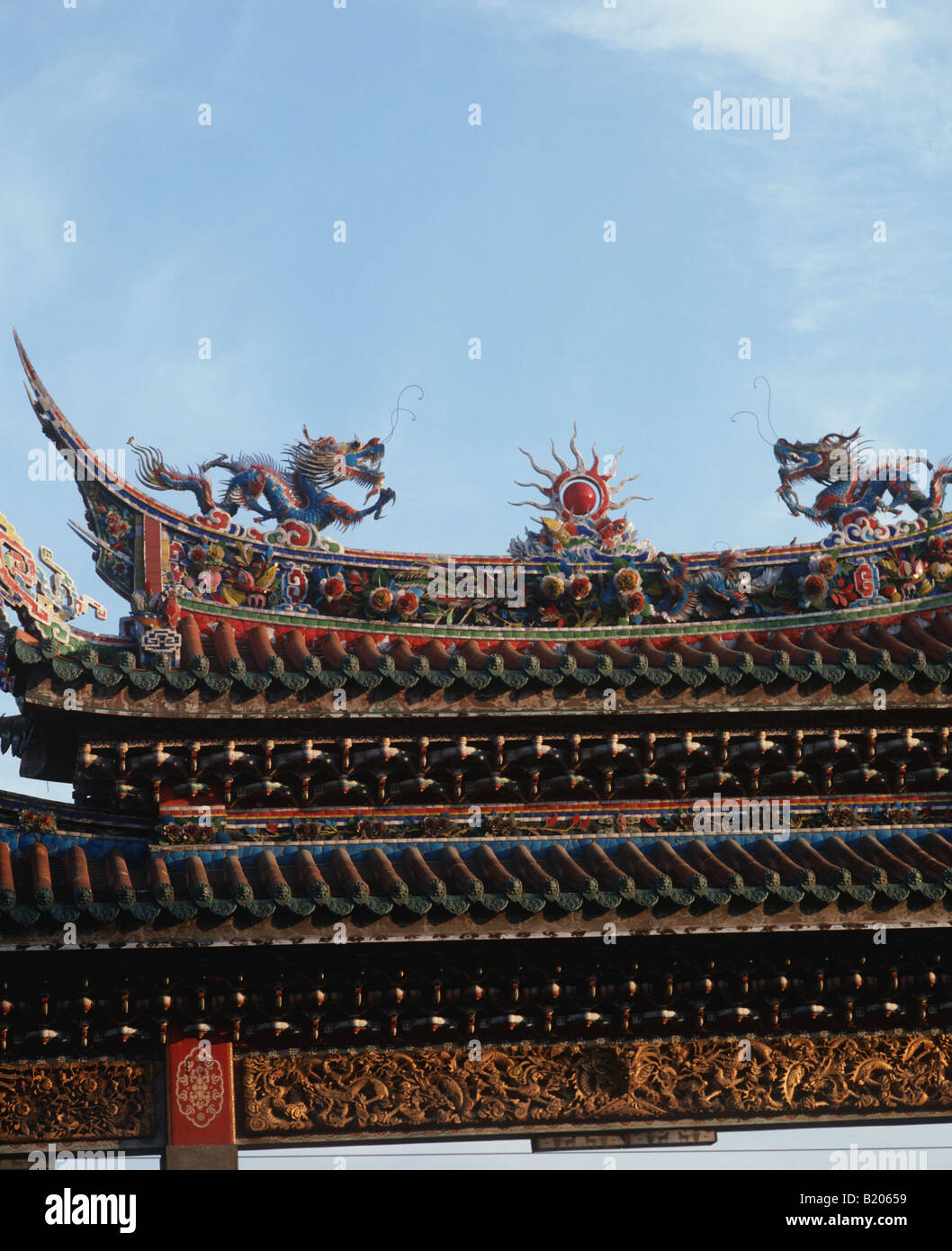 Taipei.Lungshan (Drachenberg) Tempel ist älteste Tempel Taipehs. Es ist in der Nähe von der Altstadt entfernt. Die Drachen auf den Dächern. Stockfoto