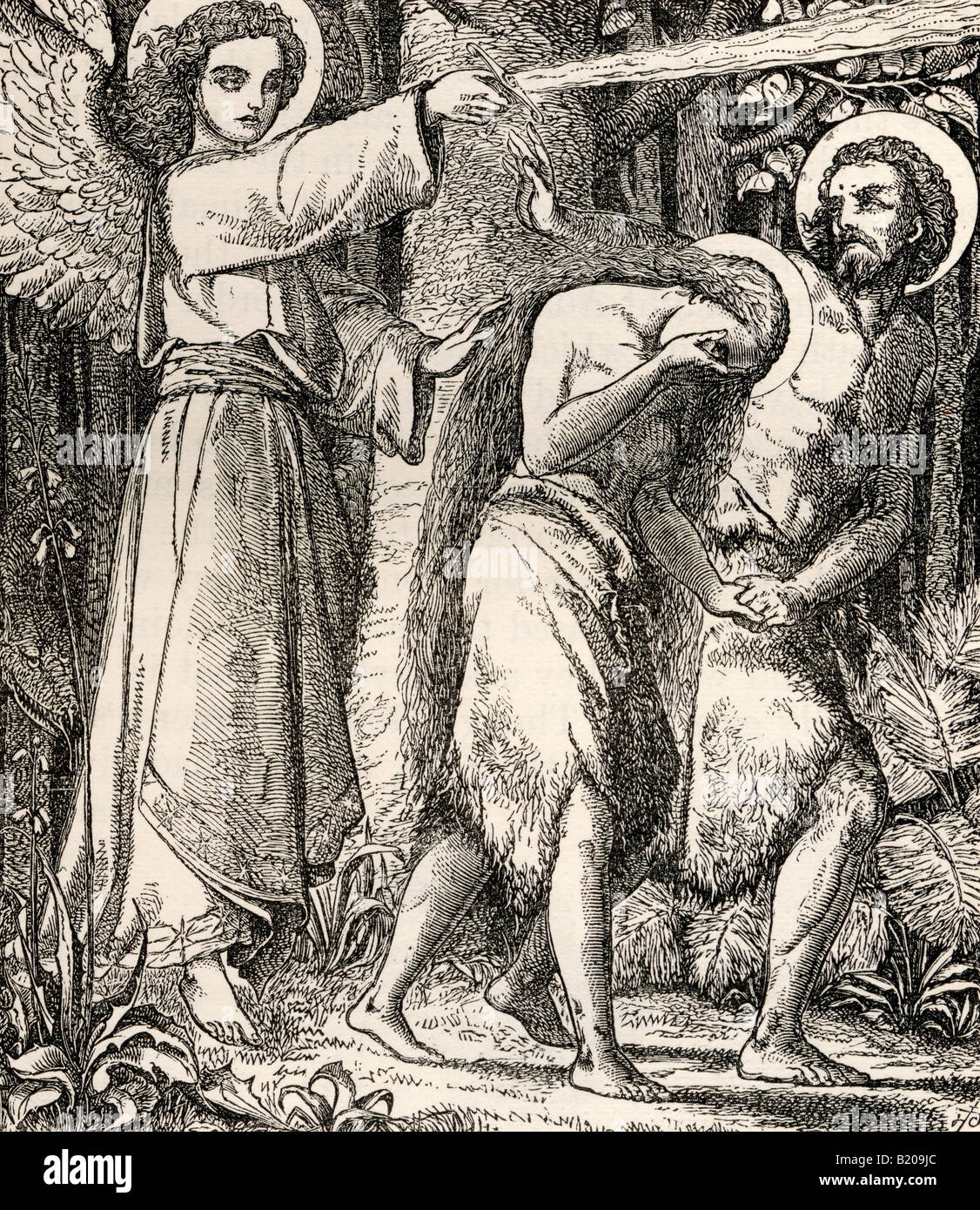 Adam und Eva aus dem Paradies vertrieben. Aus einer Radierung aus dem 19.. Jahrhundert. Stockfoto