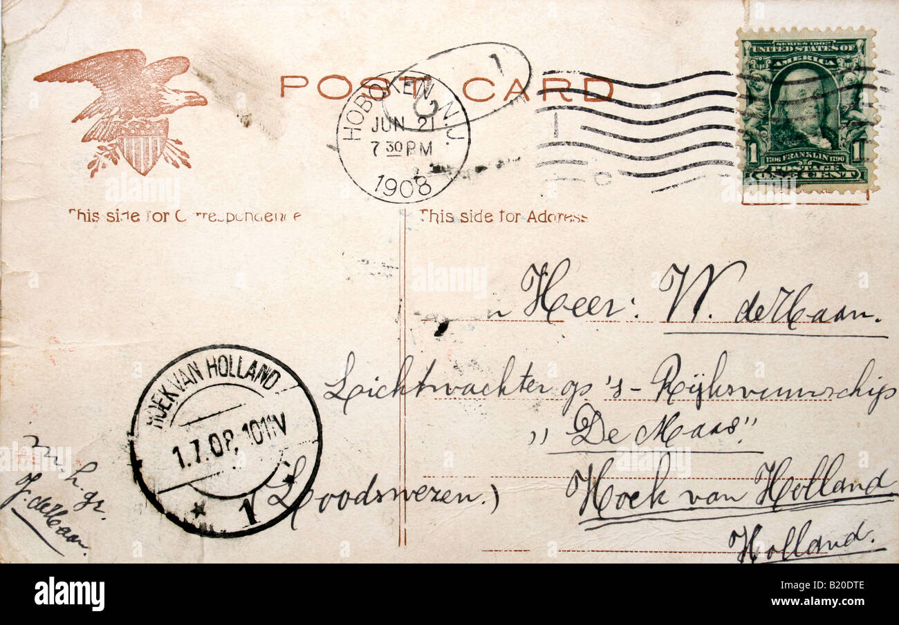 Rückseite des verwitterten Postkarte von 1908 Stockfoto