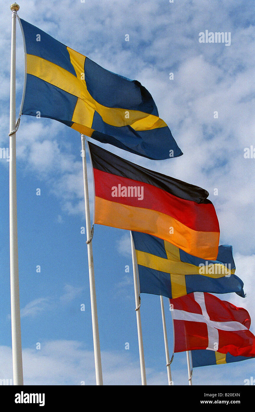 Schwedisch, Dänisch und Englisch Nationalflaggen Stockfoto