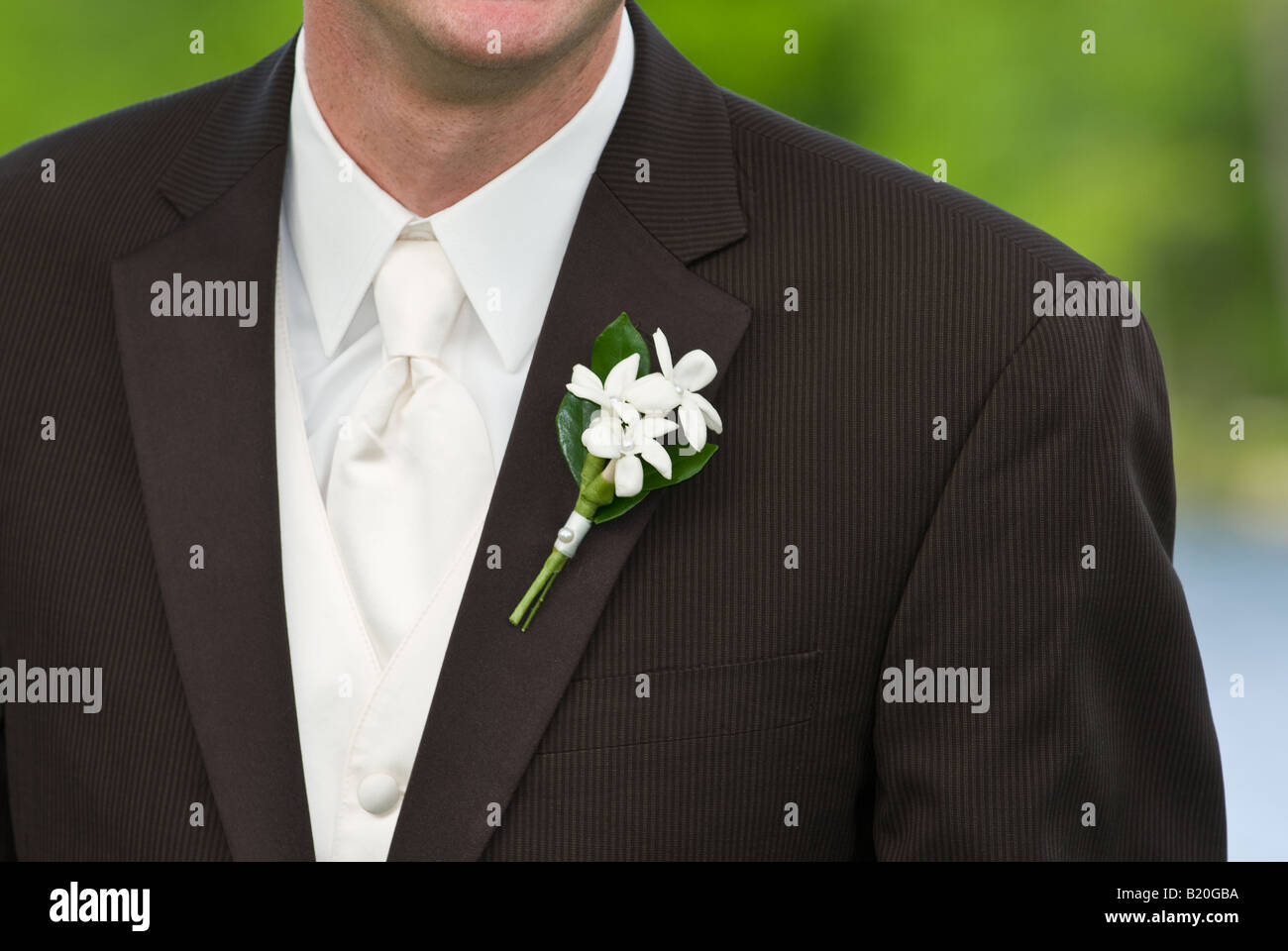 Nahaufnahme von einem Bräutigam s boutonniere Stockfoto
