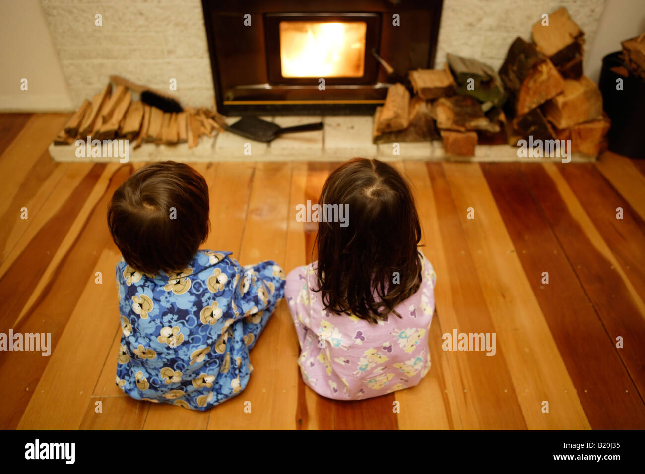 Jungen im Alter von sechs und Schwester im Alter von vier sitzt vor der Log brennendes Feuer Holz ist eine Null Kohlenstoff erneuerbarer Brennstoff Stockfoto