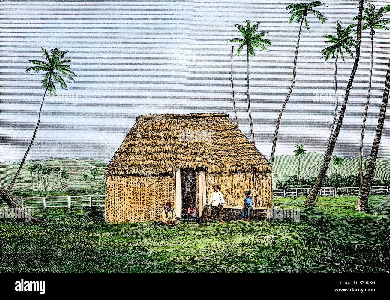 Native strohgedeckten Hütte der Sandwich Inseln 1870. Hand - farbige Holzschnitt Stockfoto