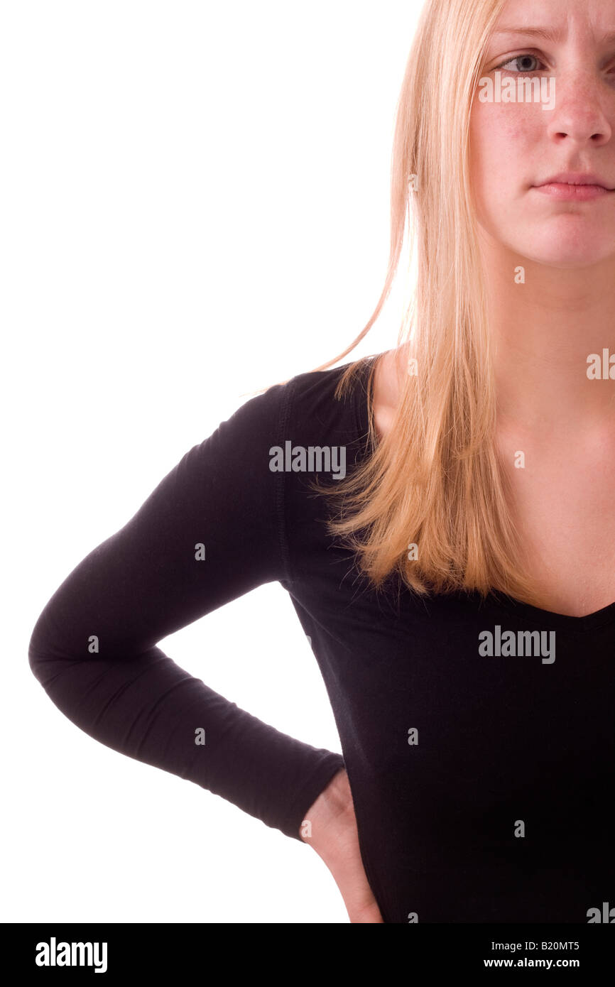 Junge Frau sucht unglücklich oder Schmerzen Stockfoto