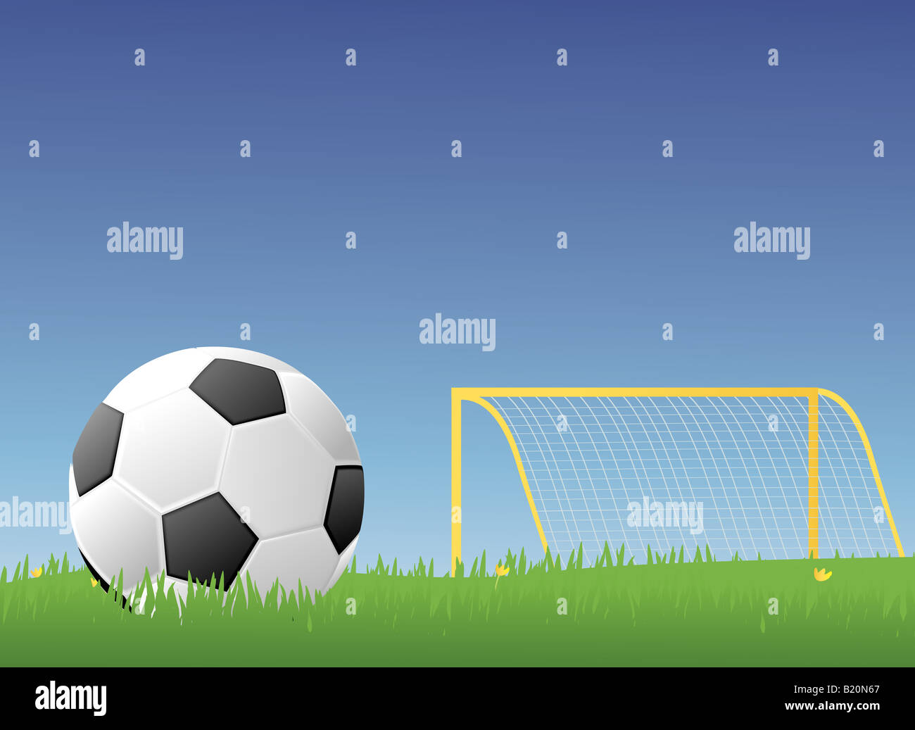 Fußball Fußball in einer grünen Wiese mit einem Torpfosten Stockfoto