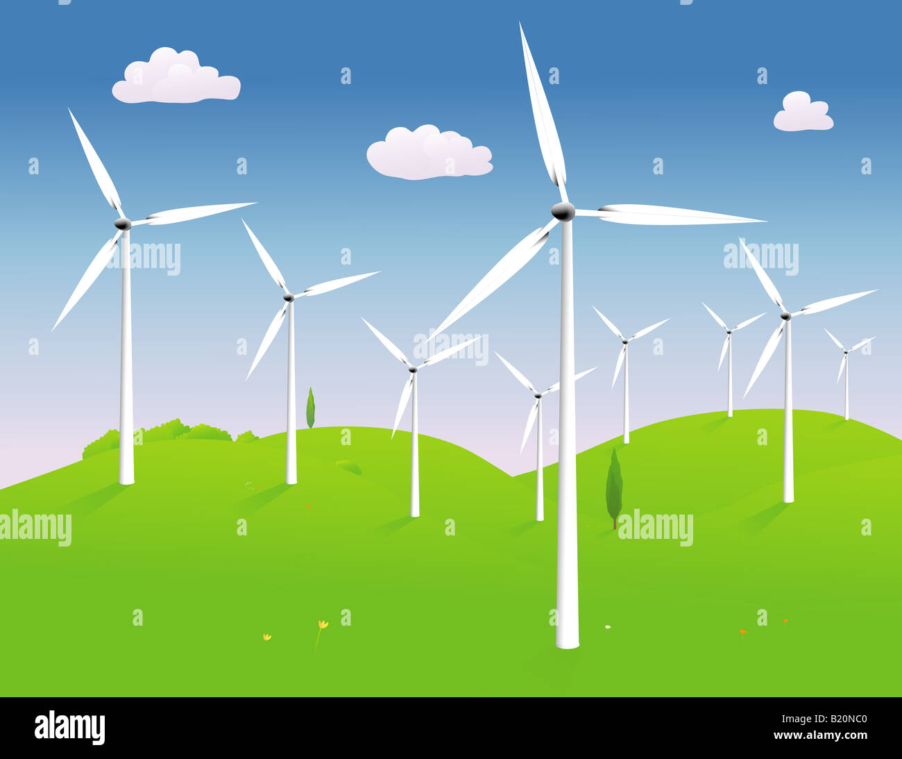 Moderne Stromerzeugung Windmühlen in einer hügeligen Landschaft Stockfoto