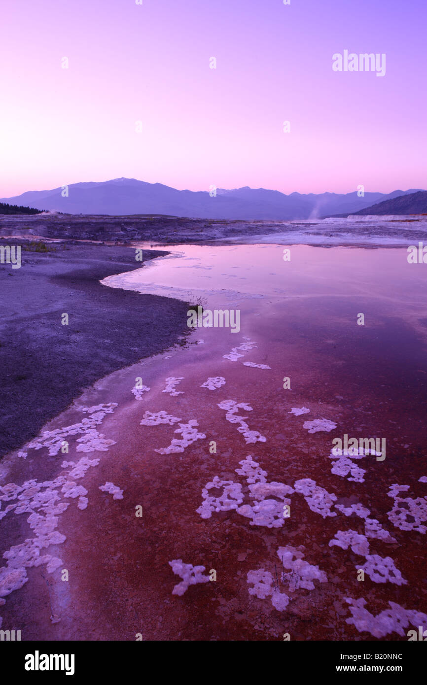 Abenddämmerung am oberen Terrassen Mammoth Hot Springs Yellowstone Nationalpark Wyoming USA Stockfoto