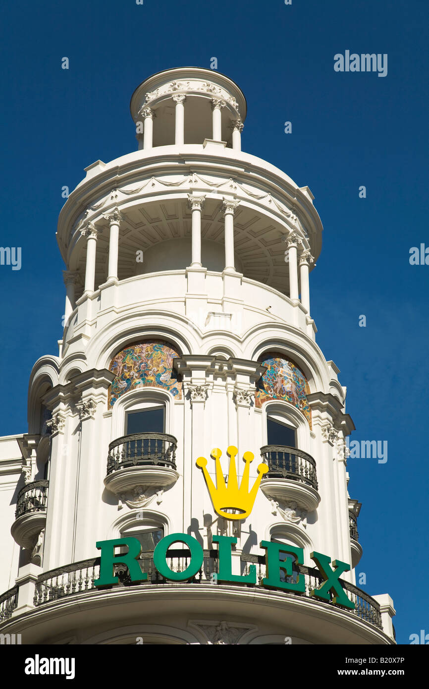 Spanien Madrid Rolex Gebäude mit Uhr Hersteller Marke Zeichen Stockfoto