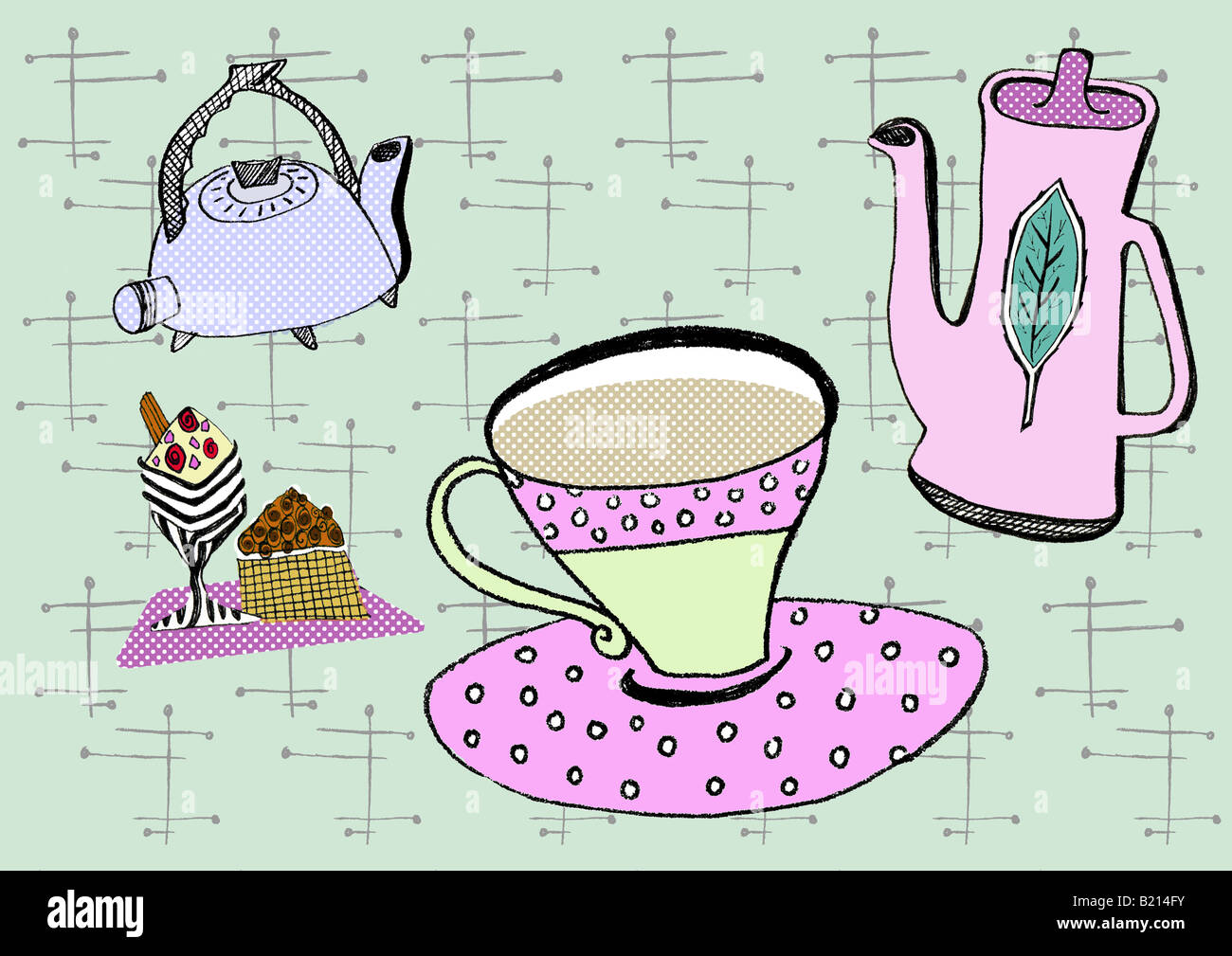 50er Jahre Stil Außenillustration Kaffeekannen, Teekannen, Tasse und Untertasse und Kuchen. Stockfoto