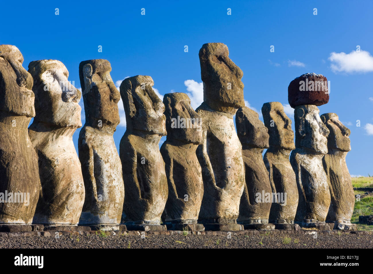 Südamerika Chile Rapa Nui Isla de Pascua Osterinsel Ahu Tongariki die größte Ahu auf der Insel Stockfoto