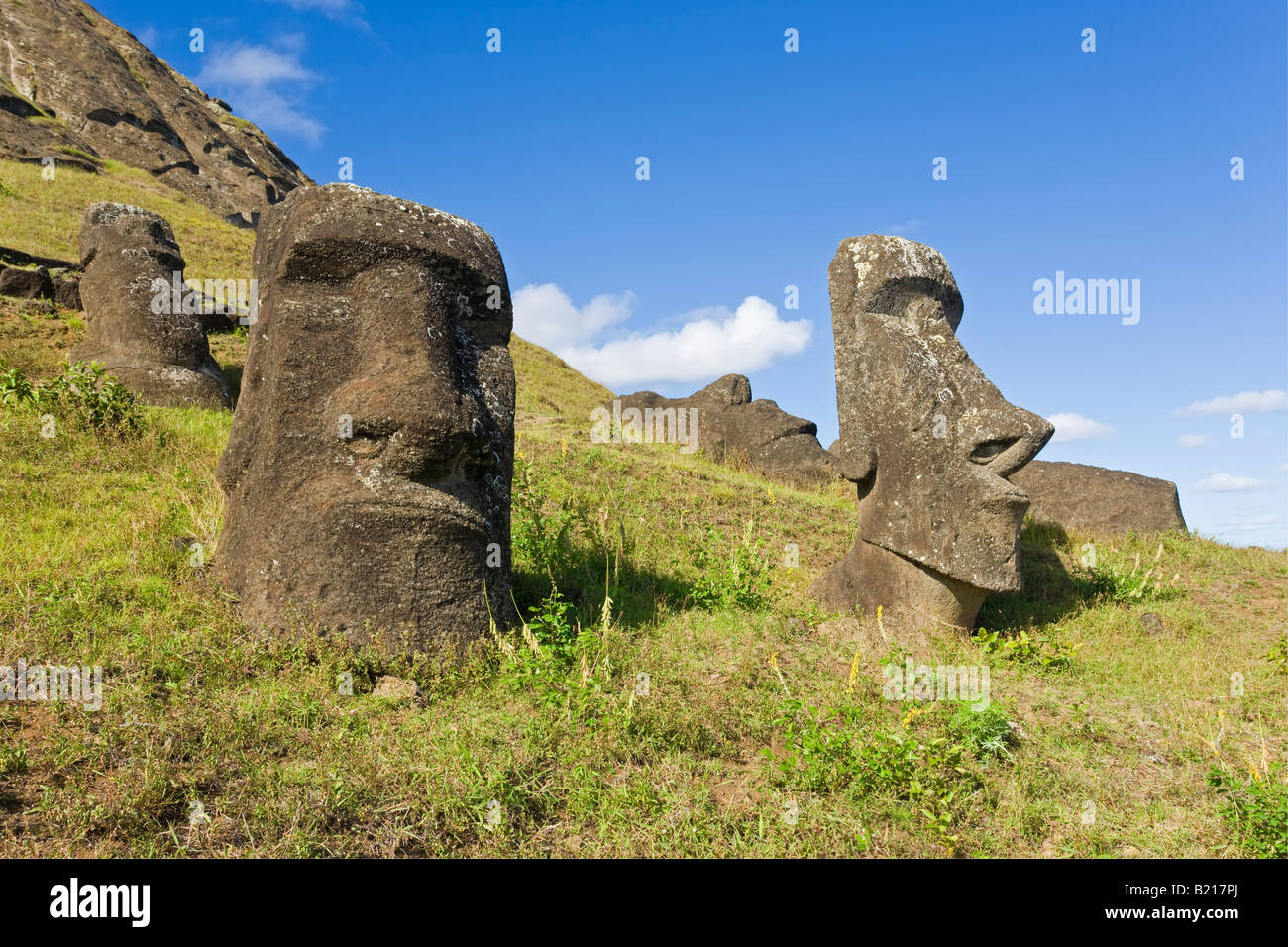 Südamerika Chile Rapa Nui-Osterinsel riesige monolithische Maoi Steinstatuen am Rano Raraku Stockfoto