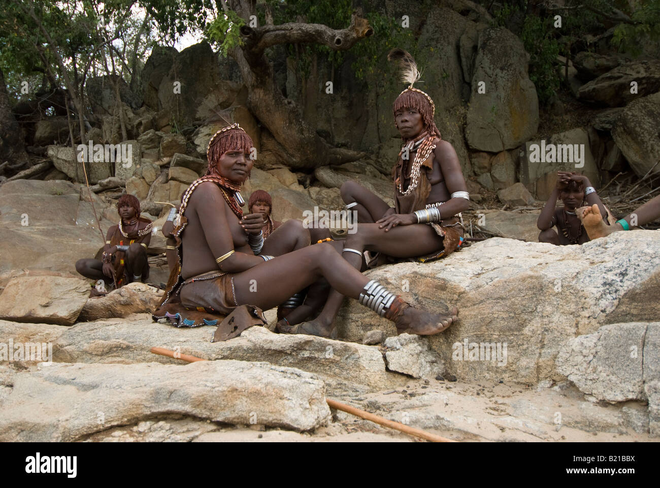 Stier springen Zeremonie, Dimeka, Omo-Tal, Äthiopien. Stockfoto