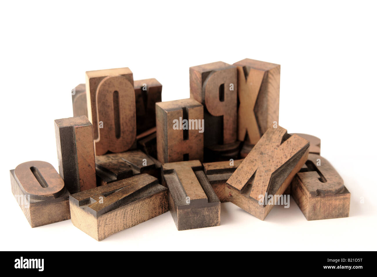 eine Gruppierung von alten Buchdruck blau gefärbten Holzart Stockfoto