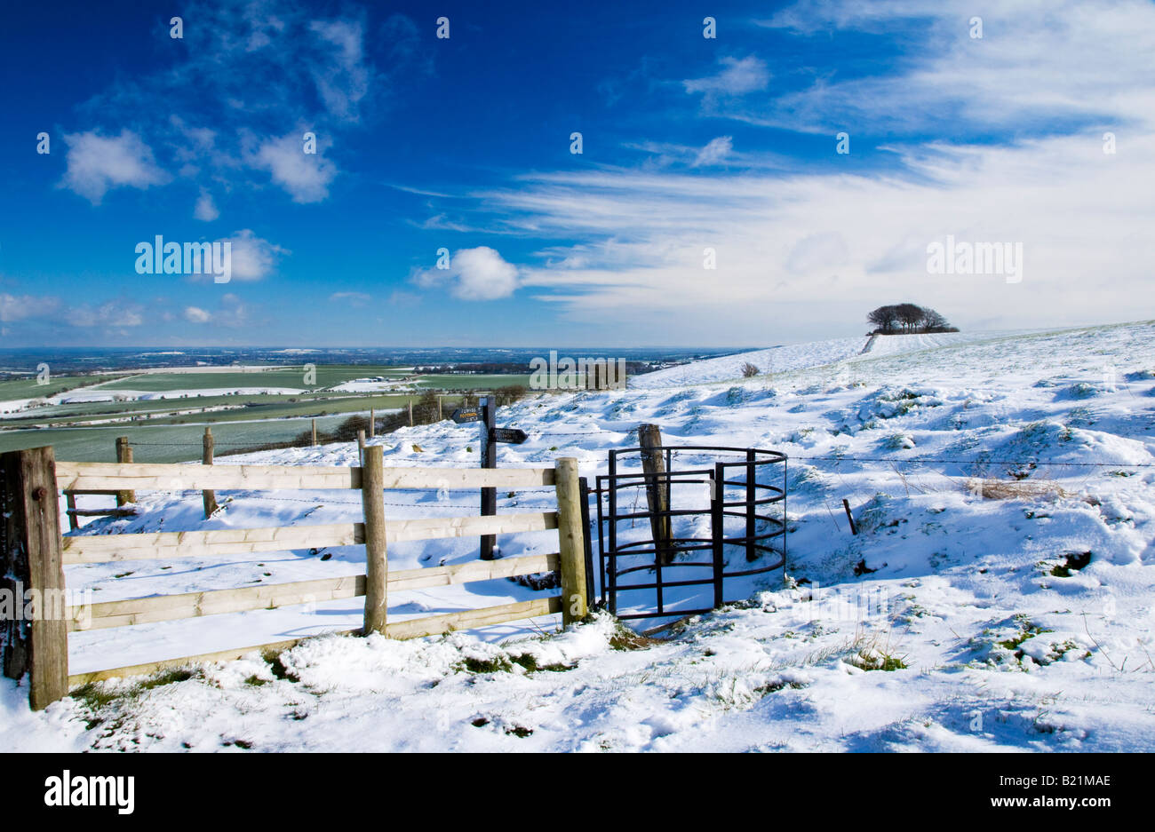 Blick über Winter schneebedeckte Felder von Liddington Hill, Wiltshire, England, UK Stockfoto