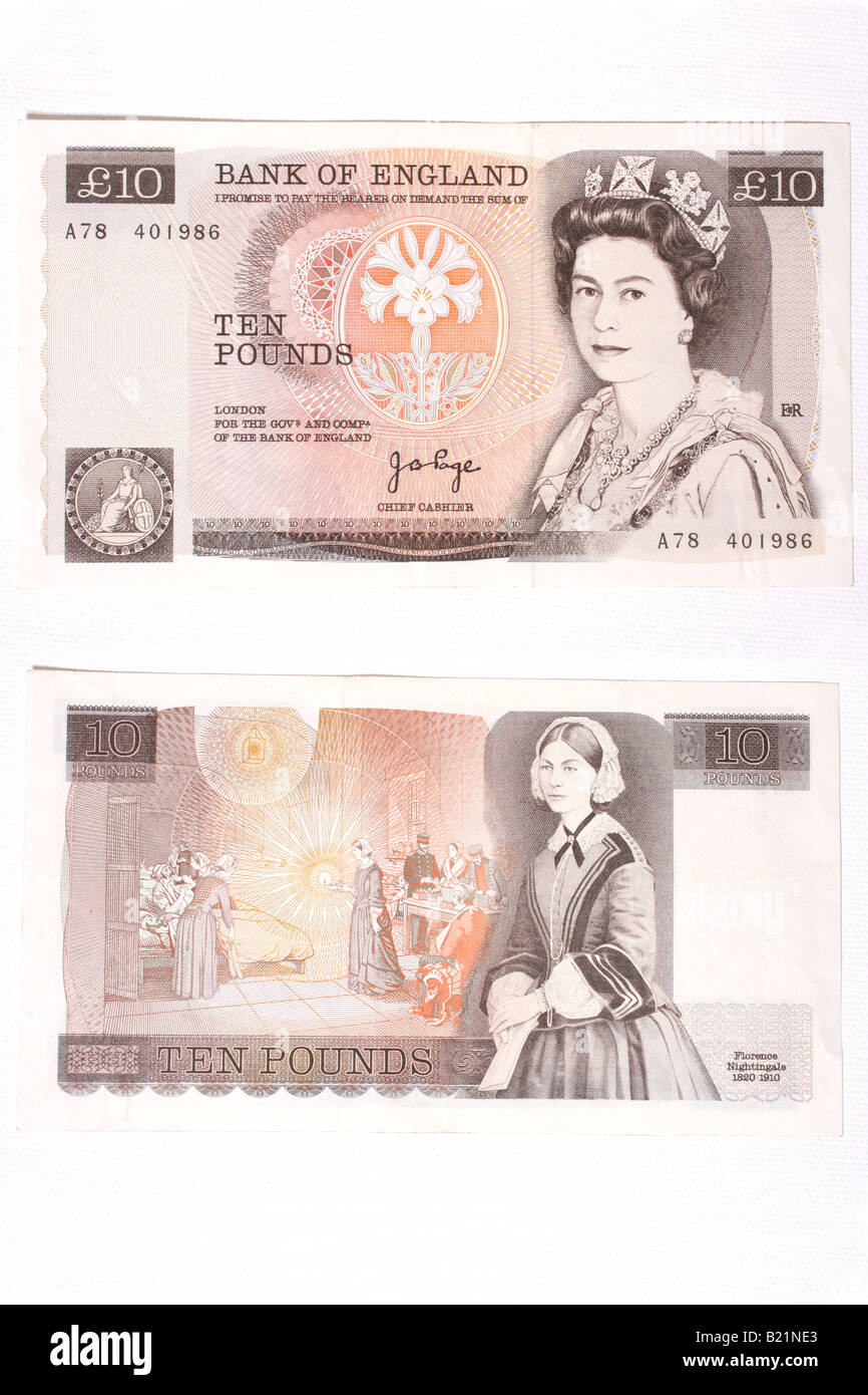 Vorder- und Rückseite von einem alten englischen zehn Pfund-Note mit Florence Nightingale auf der Rückseite. Stockfoto