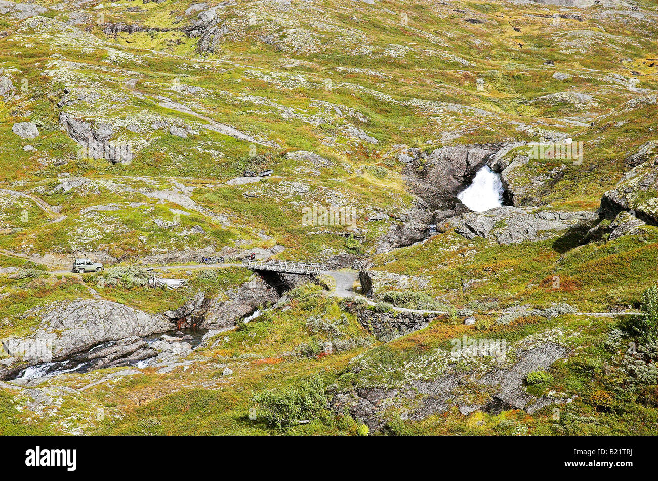 Trail über hölzerne Brücke und Wasserfall zum Wandern und Mountainbike fahren in Richtung Myrdal, Norwegen, Skandinavien Stockfoto