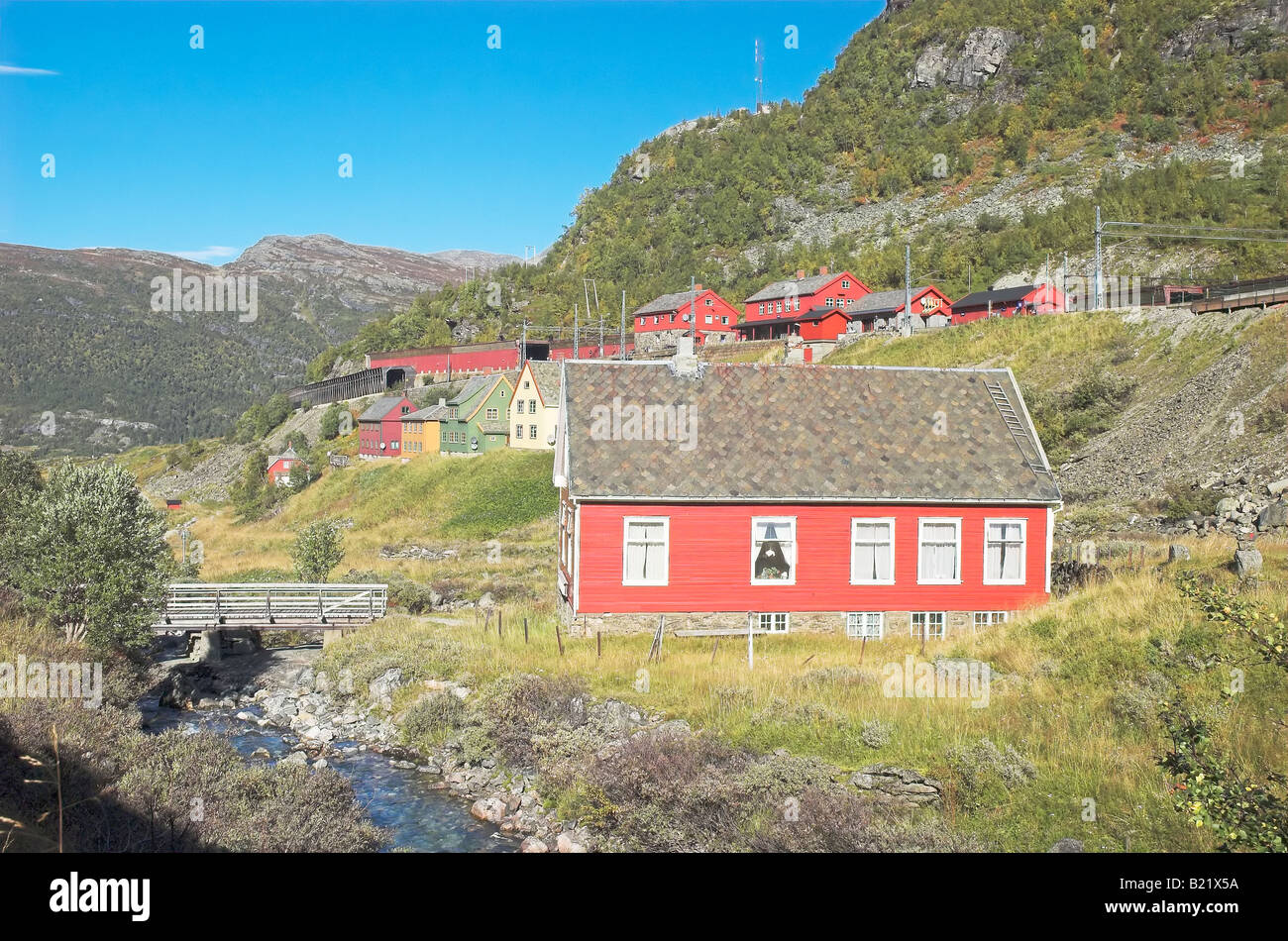 Traditionellen Sommerhaus und Holz Brücke über Stream in Myrdal, Norwegen Stockfoto