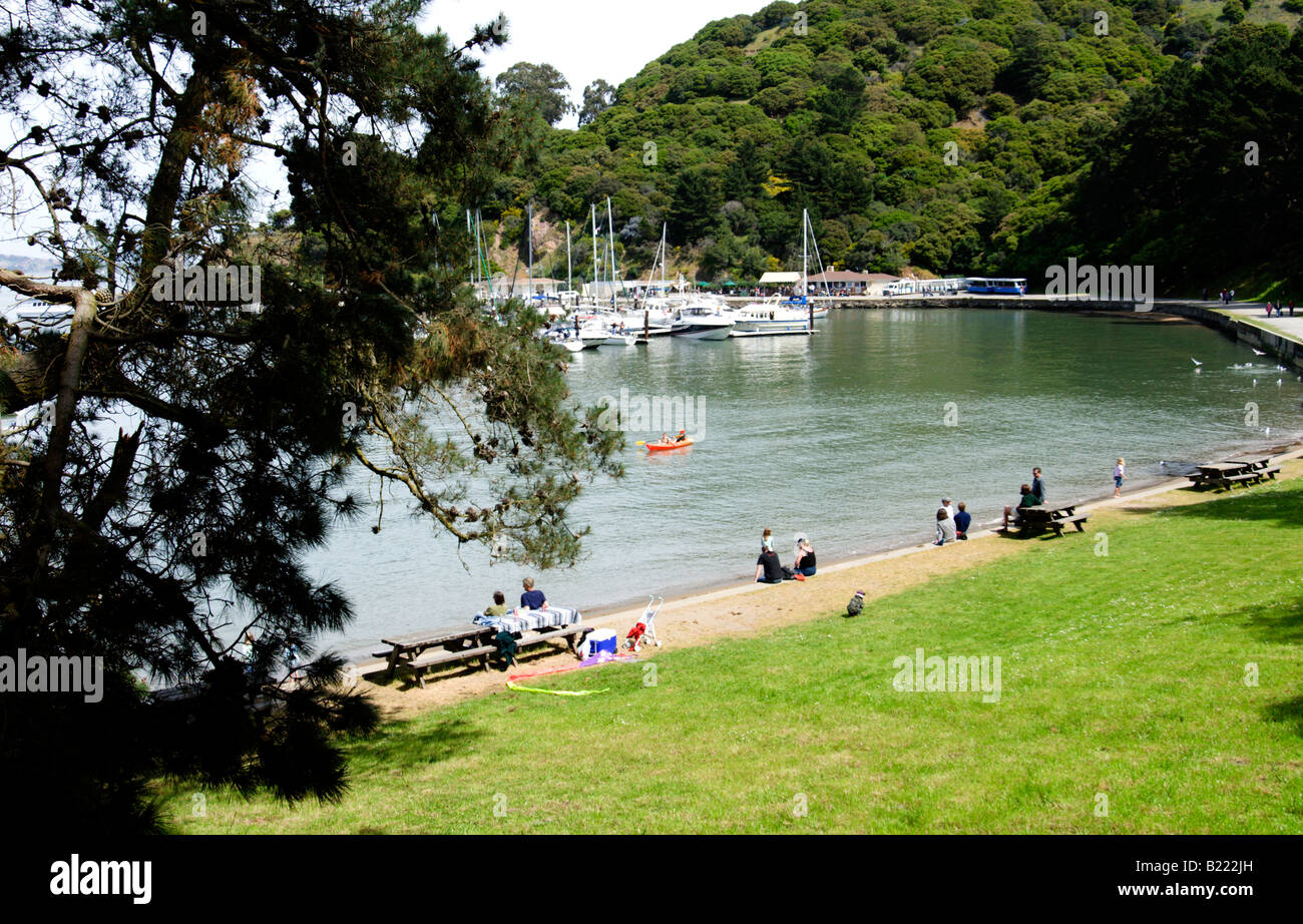 Picknickplatz am Ayala Cove, Angel Island State Park, Kalifornien Stockfoto