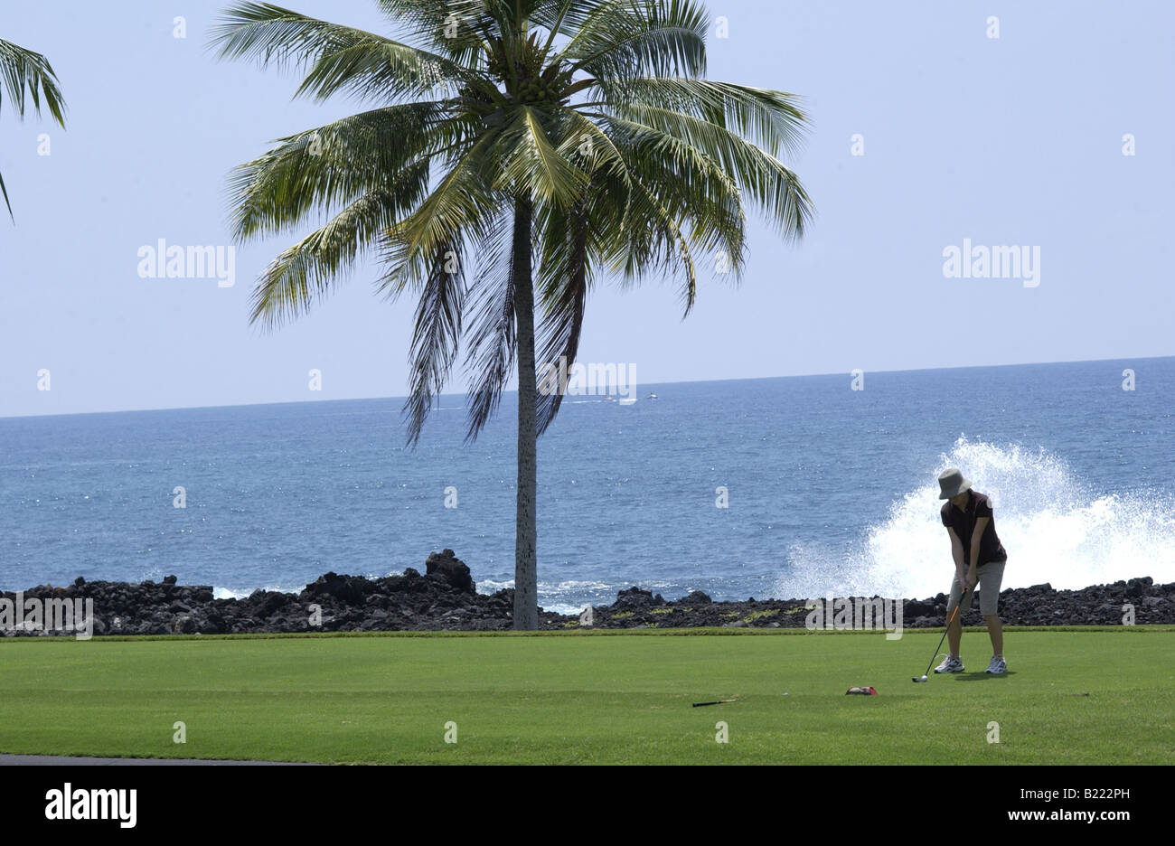 Eine Frau wie die Wellen des Ozeans Absturz hinter ihr, ein Palm-Baum-Kurven in der Brise auf einem Ozean Golfplatz Abschlag. Stockfoto