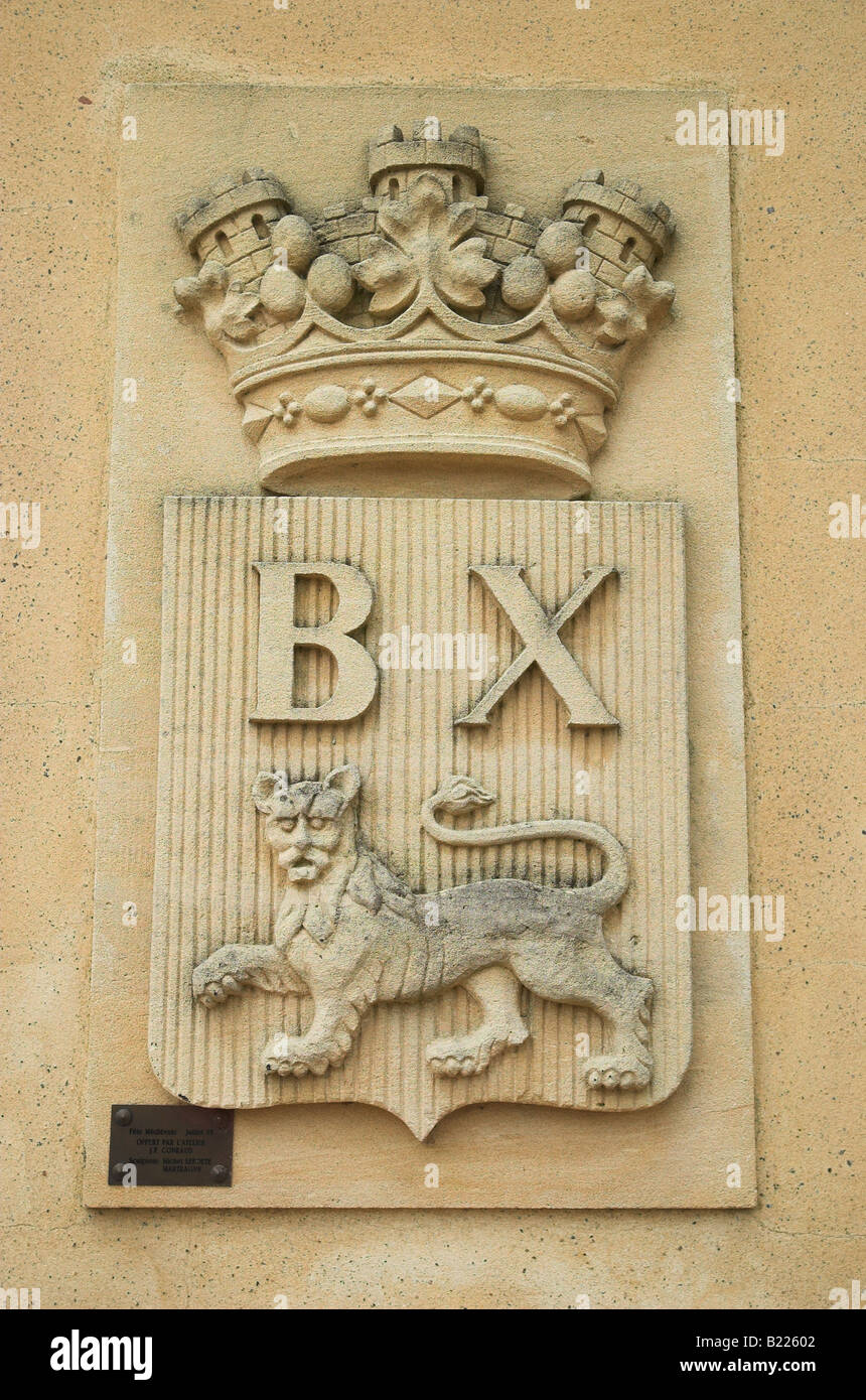 Eine Steintafel mit dem Wappen von Bayeux, Bayeux, Calvados, Normandie, Frankreich Stockfoto