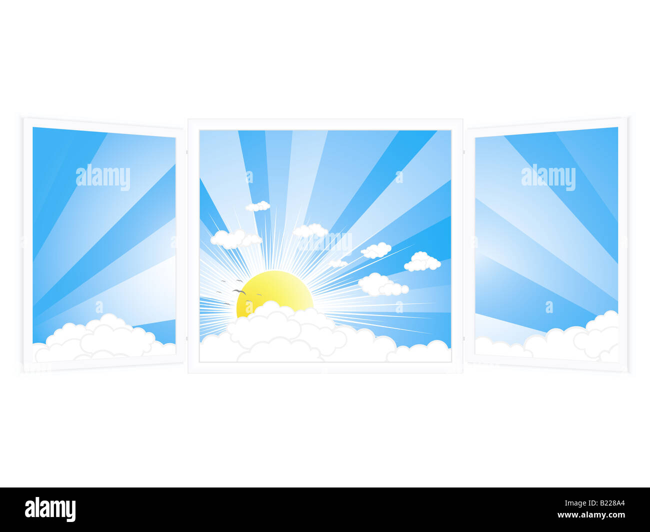 Vektor-Illustration eines offenen Fensters mit einem schönen sonnigen Tag-Ansicht Stockfoto