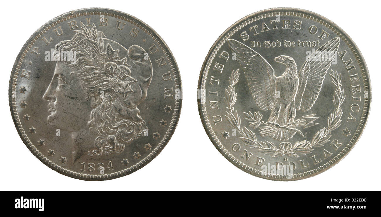 1884 Morgan silver Dollar-Münze, Vorder- und Rückseite. Minze-Mark ' o ' für New Orleans Mint. Bild hat einen Beschneidungspfad. Stockfoto