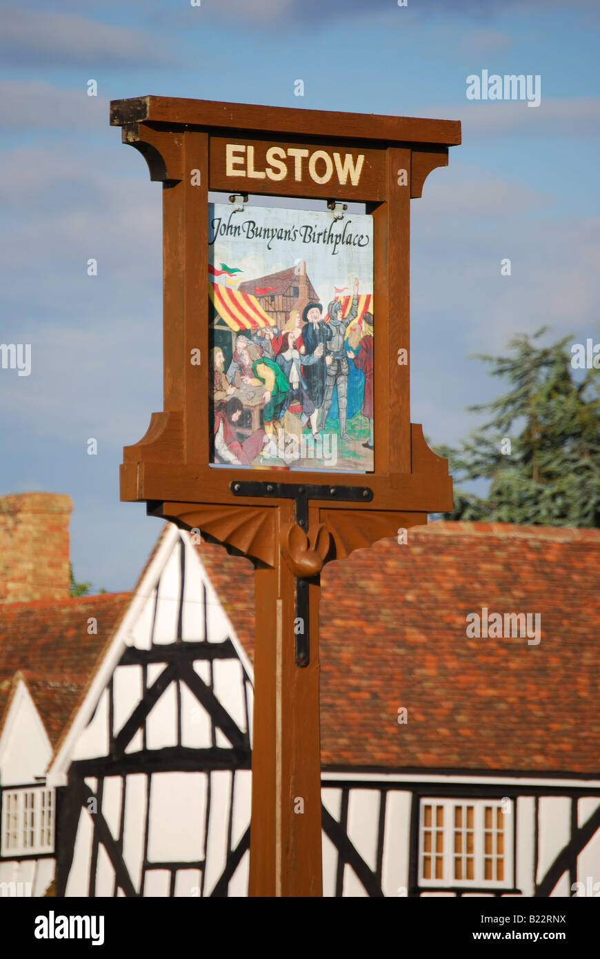 Elstow Ortsschild, Dorfplatz, Elstow, Bedfordshire, England, Vereinigtes Königreich Stockfoto