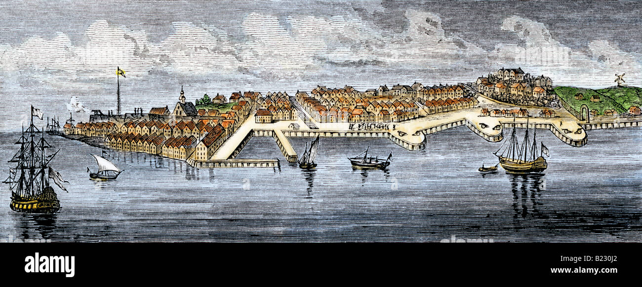 New York City, nachdem er eine englische Kolonie im Jahre 1673. Hand - farbige Holzschnitt Stockfoto