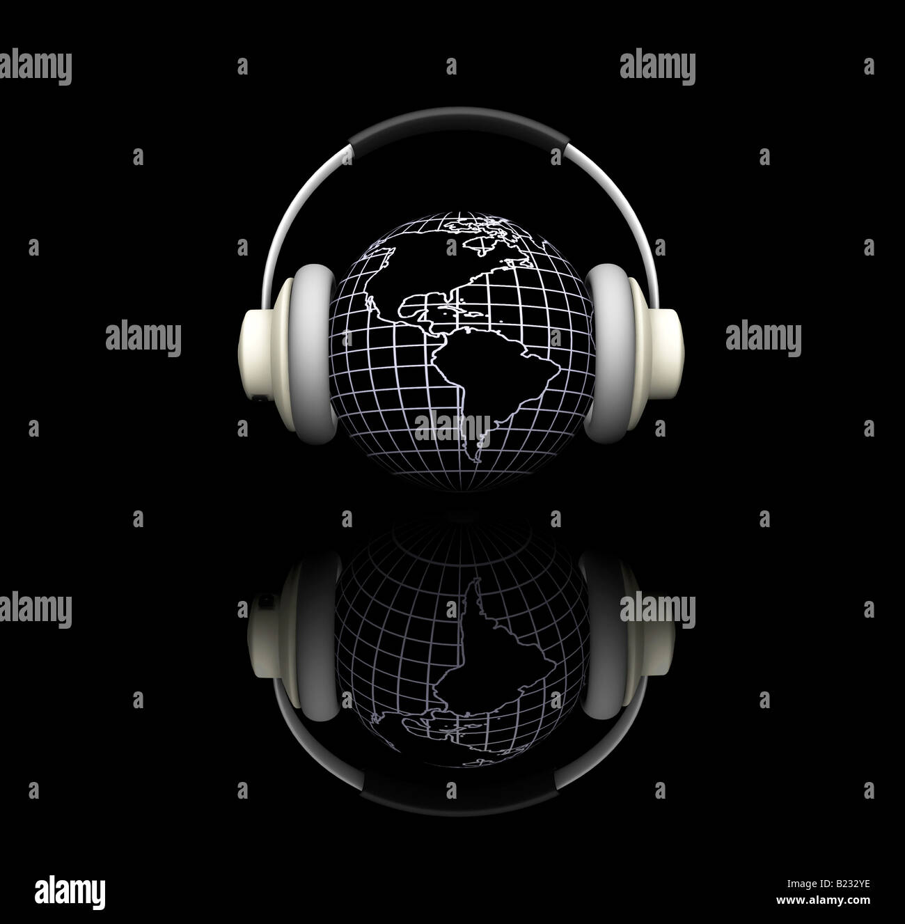 3D Rendern eines Globus mit Kopfhörern auf schwarzem Hintergrund Stockfoto