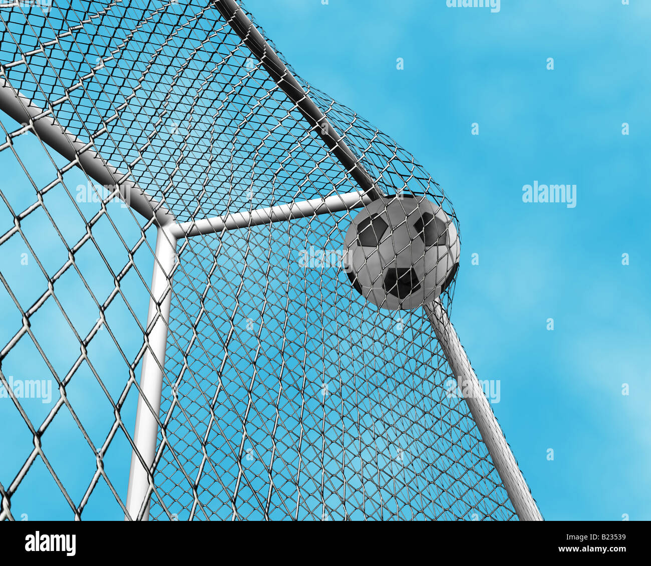 3D Rendern eines Fußballs gehen ins Netz Stockfoto