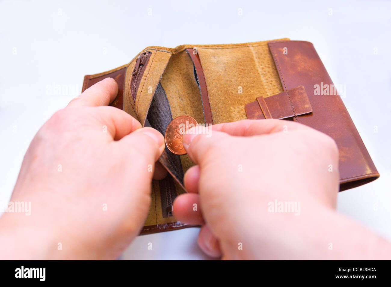 Leere Brieftasche zwei Pence Münze März 2008 Stockfoto