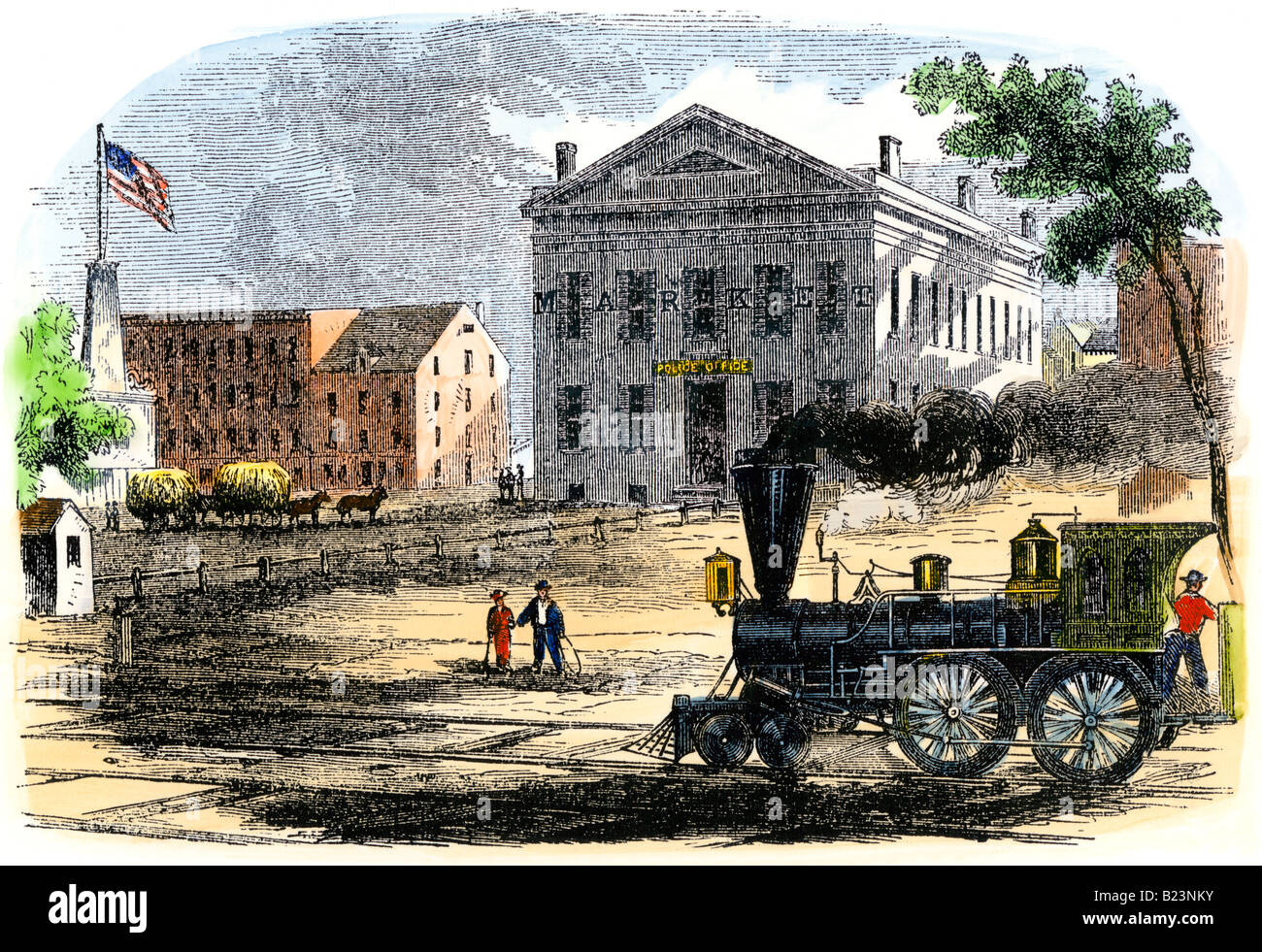 Dampflok in Syracuse New York 1850. Hand - farbige Holzschnitt Stockfoto