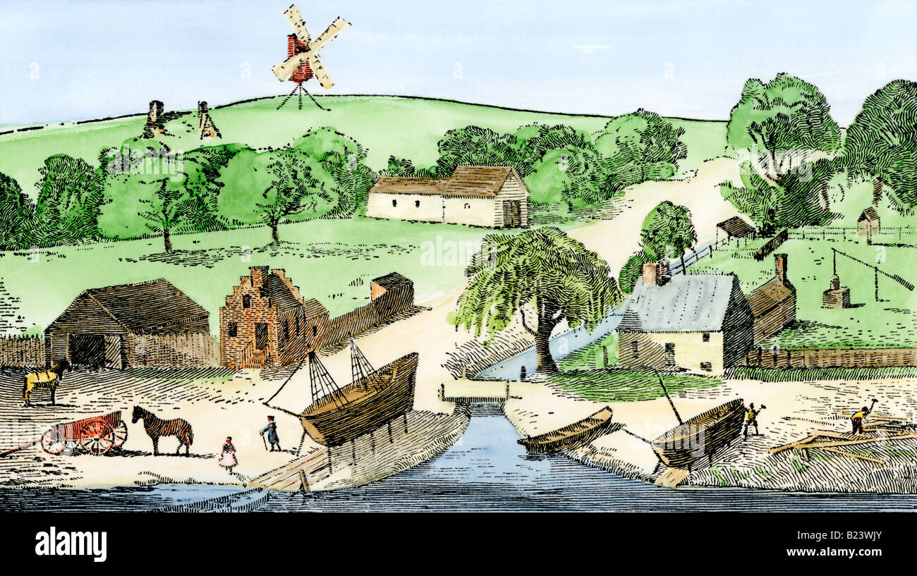Smiths Tal mit einem Niederländischen Schmiede Farm und werft auf Manhattan Island 1600. Hand - farbige Holzschnitt Stockfoto