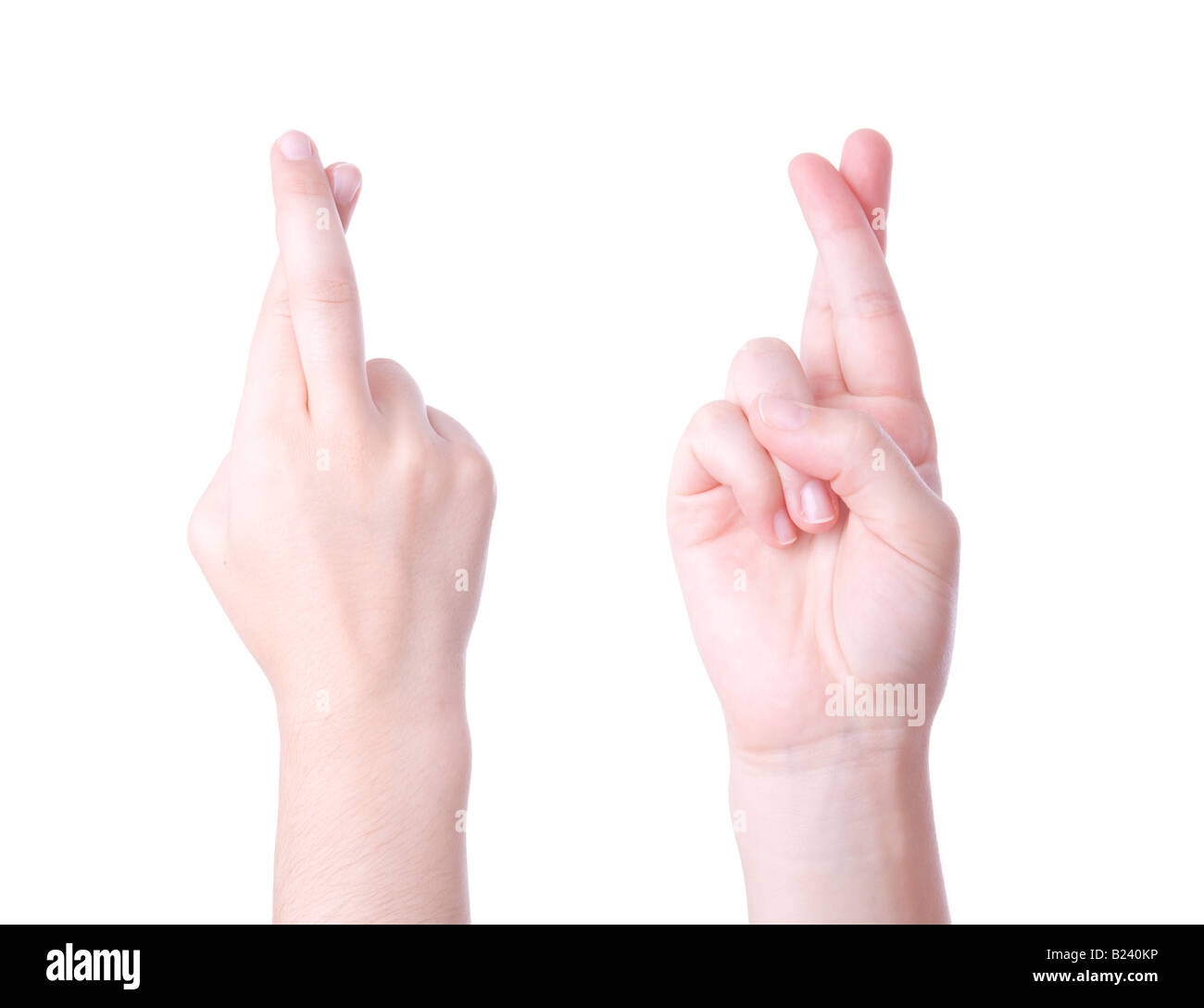 Gekreuzte Finger unterzeichnen isolierten auf weißen Hintergrund Stockfoto