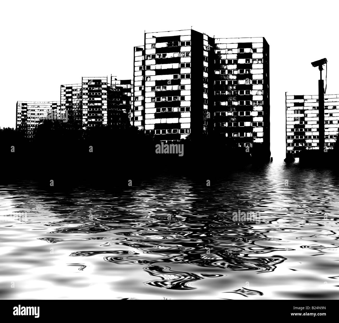 Illustrierte Stadt Flut unter Wasser spiegelt die globale Erwärmung Stockfoto