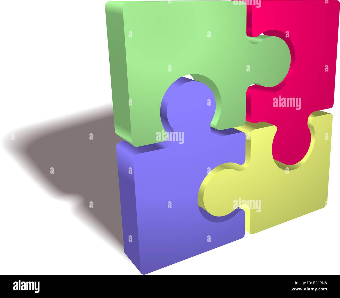 Eine Abbildung eines abgeschlossenen Jigsaw Puzzle-Symbols. Das fertige Puzzle hat grün blau rot und gelb Stücke Stockfoto