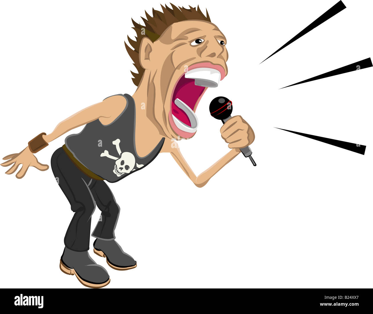 ein Rockstar schreiend in ein Mikrofon. Stockfoto