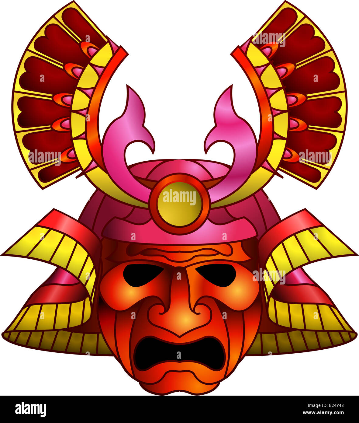 Eine Abbildung einer roten orange und Magenta gefürchteten Samurai-Maske Stockfoto