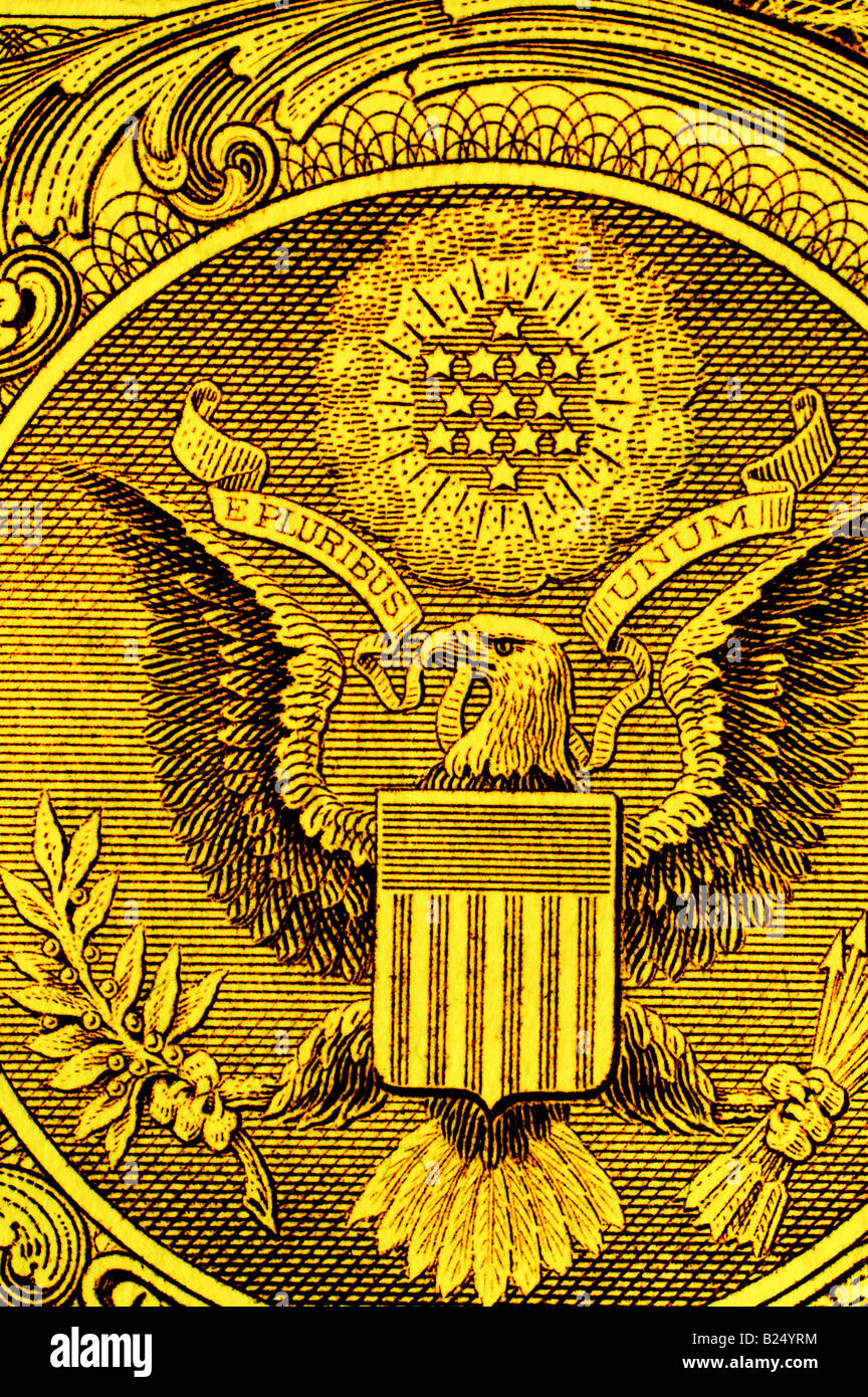 Vereinigte Staaten von Amerika Wappen auf einem Dollar Bill U.S. Sepia getönten gold Stockfoto