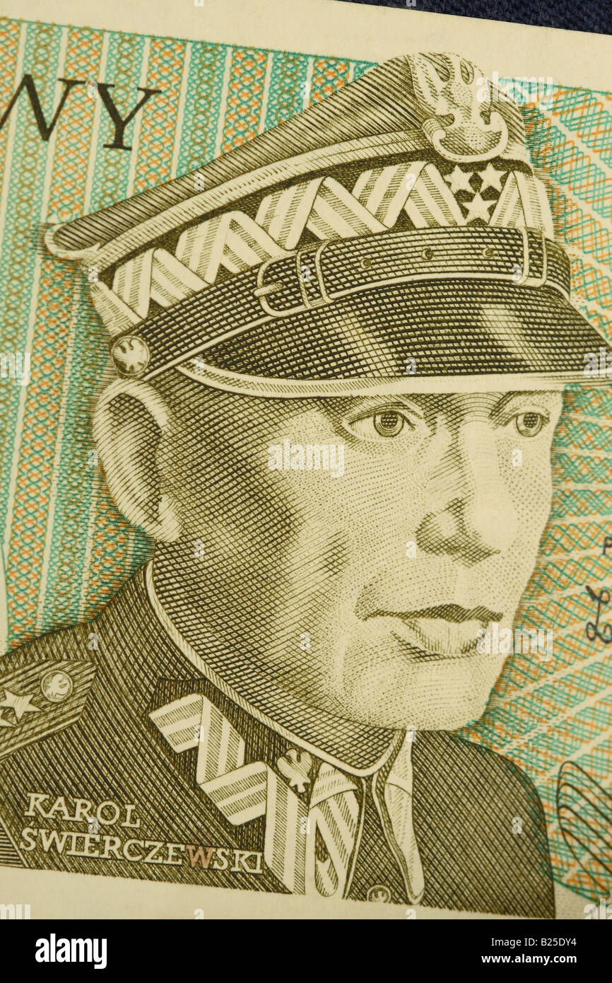 Alte polnische 50 Zloty-Banknote Geld Bar aus den 1970er und 1980er Jahren mit dem Bild der polnischen Armeeoffizier Karol Swierczewski Stockfoto