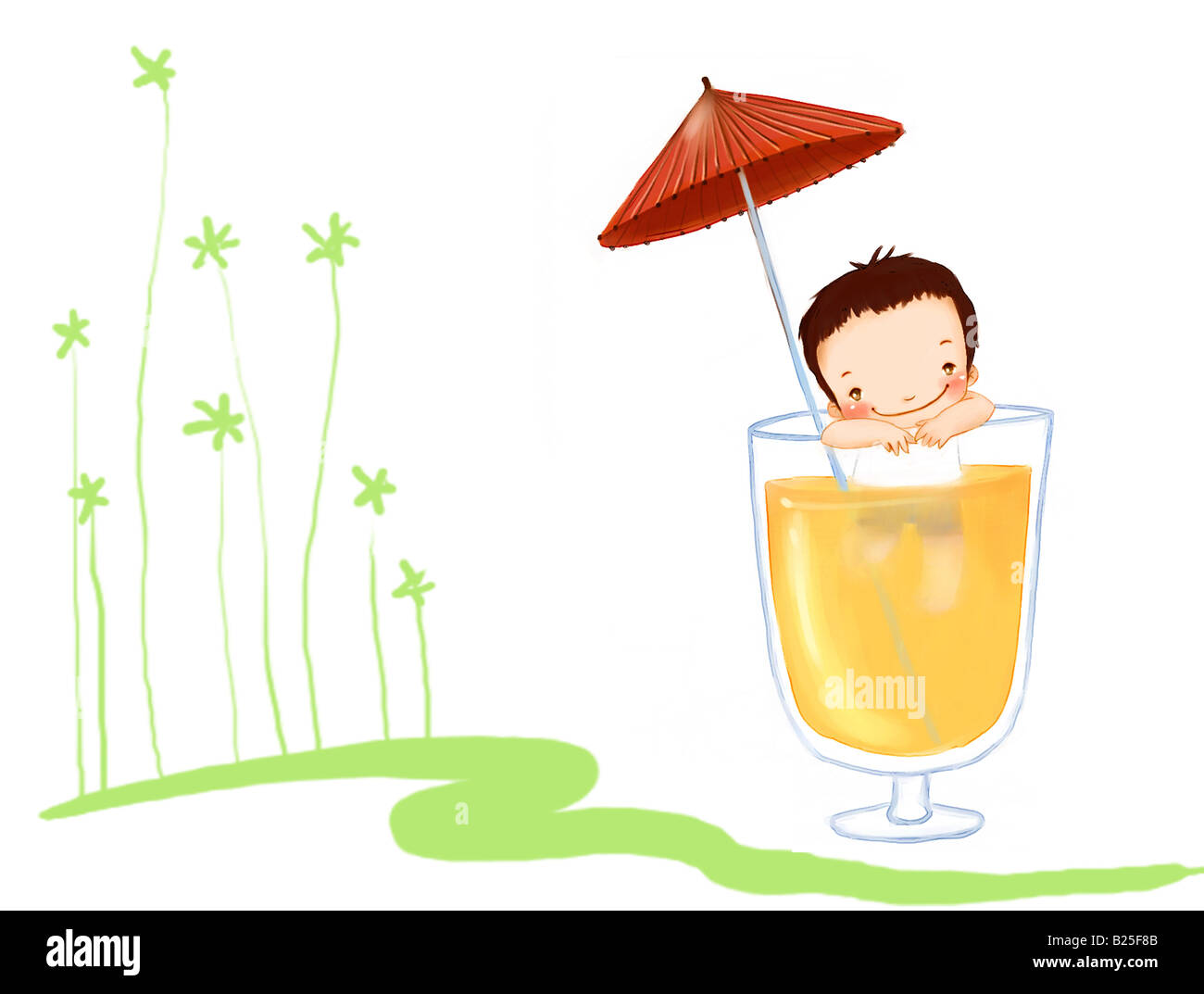 Illustration des Kind mit Regenschirm Stockfoto