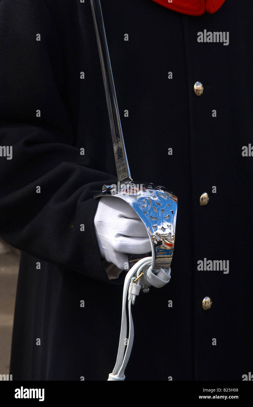 Königliche Pferd Wache mit einem Schwert im Dienst an der Front Yard Whitehall London UK Stockfoto