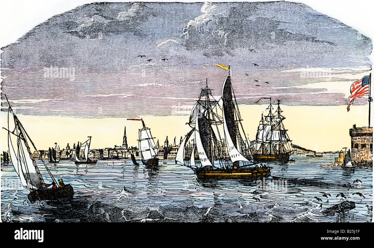 Schiffe im Hafen von Charleston South Carolina 1840. Hand - farbige Holzschnitt Stockfoto
