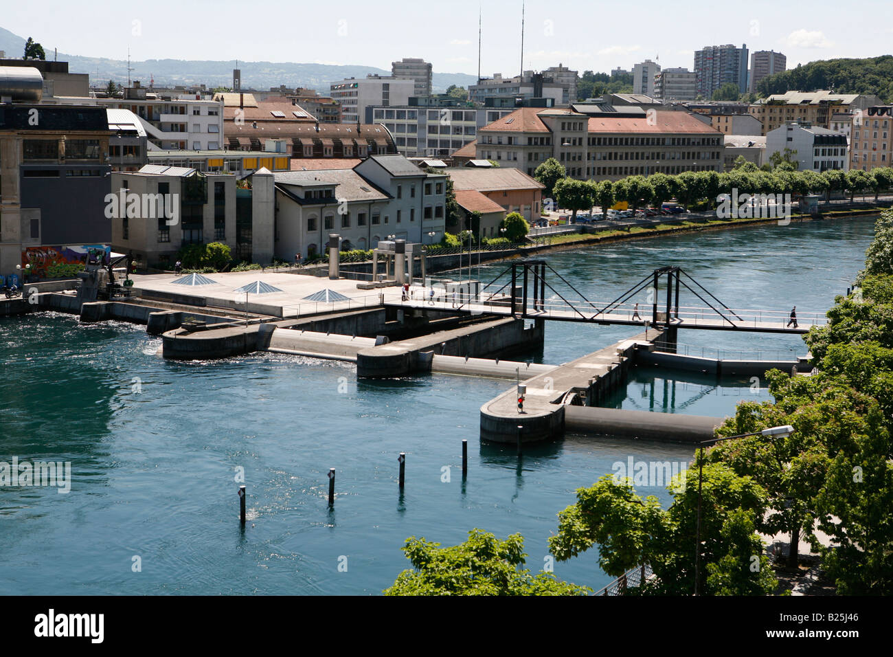 Barrage du Seujet (Stadtzentrum, Geneve) Stockfoto